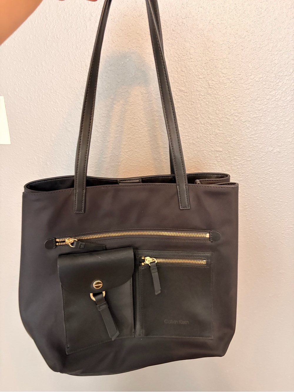 Calvin Klein Black Tote with Gold Zippers and Front Pockets
